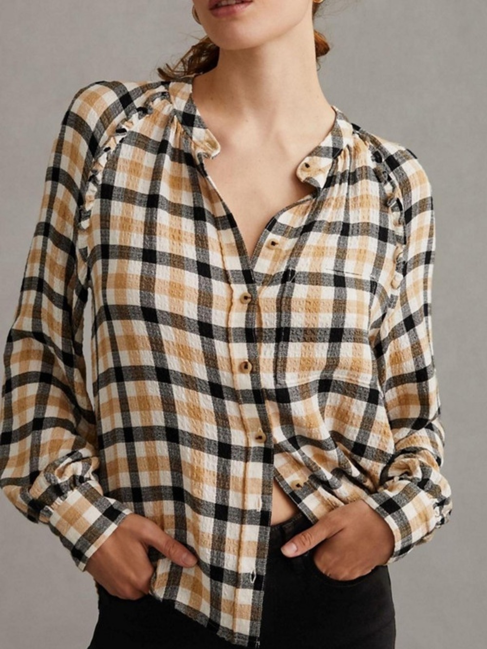 Anthropologie Pilcro Plaid Ruffle Button Down S | Cottagecore Western